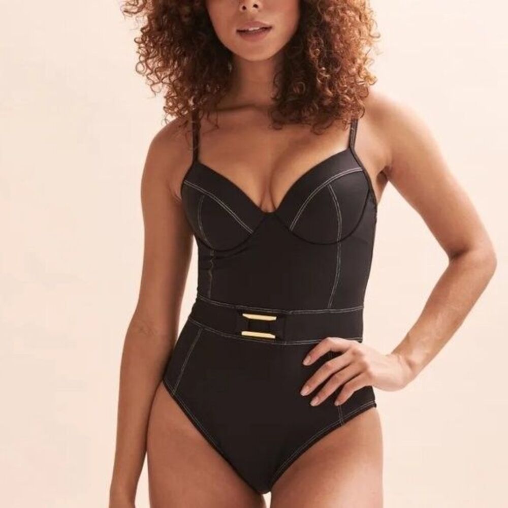 NEW BLEU Rod Beattie A Fine Line Belted One-Piece Swimsuit Black Size 14
